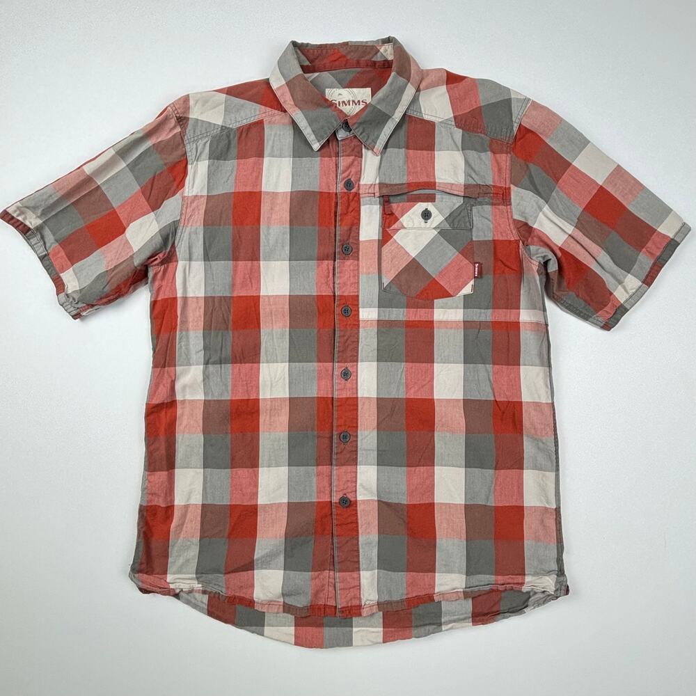 Simms Espirito Short Sleeve Orange Black Plaid Shirt Mens Medium